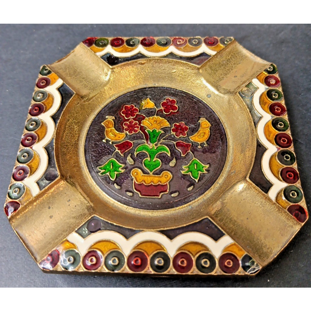 Vintage Brass Enamel Greece Ashtray Floral Ducks Flowers Elegant Marked GH
